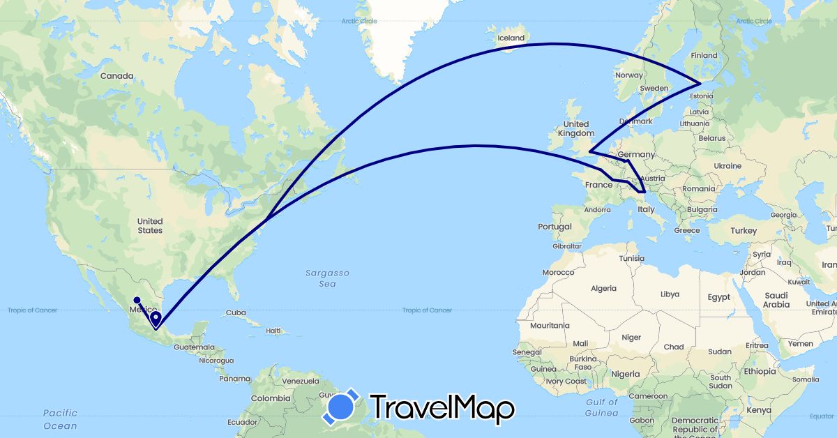 TravelMap itinerary: driving in Austria, Belgium, Switzerland, Germany, Finland, France, United Kingdom, Italy, Mexico, United States (Europe, North America)